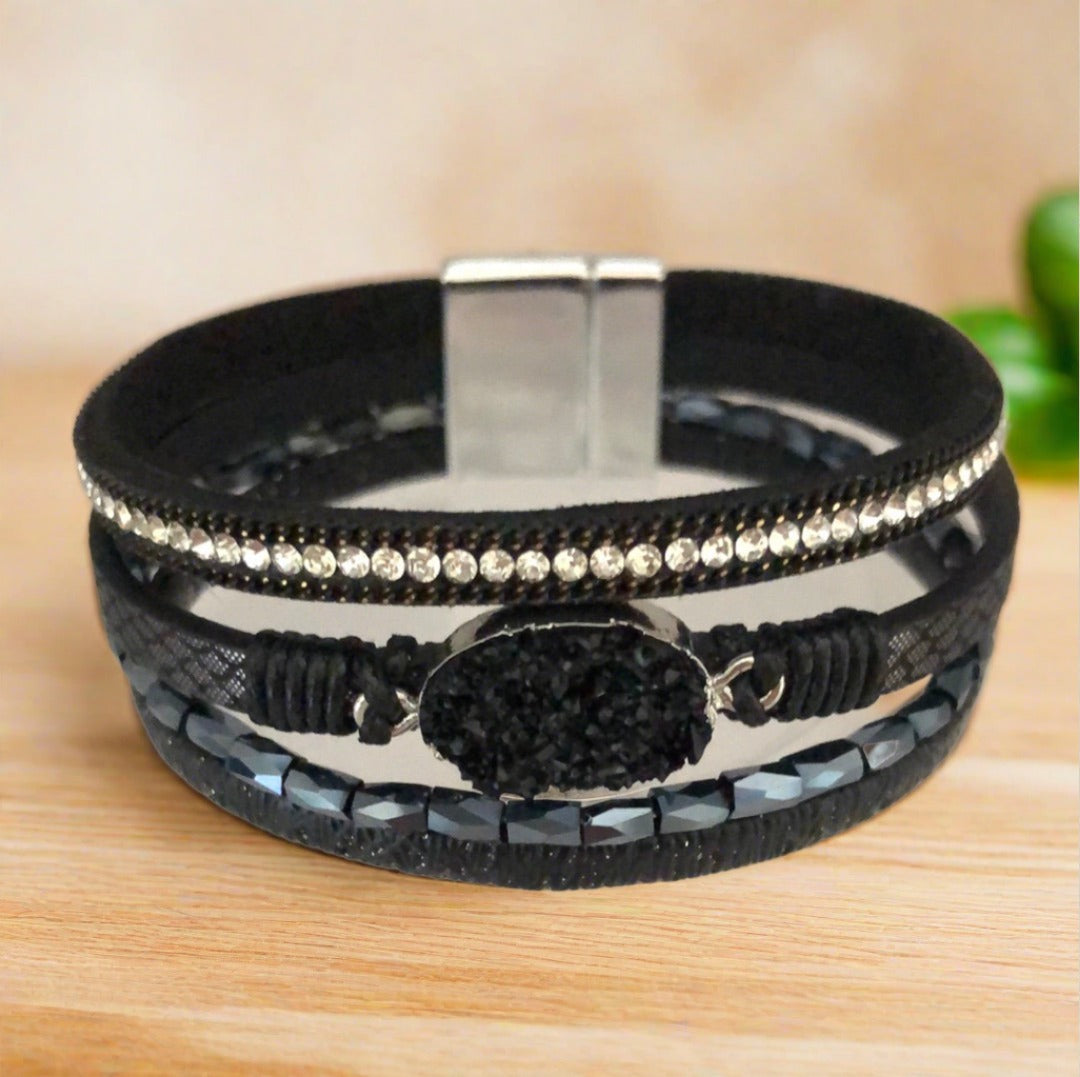 Black Magnetic Bracelet with Crystal, Diamanté and Bead Accents - Cheeky Goddess