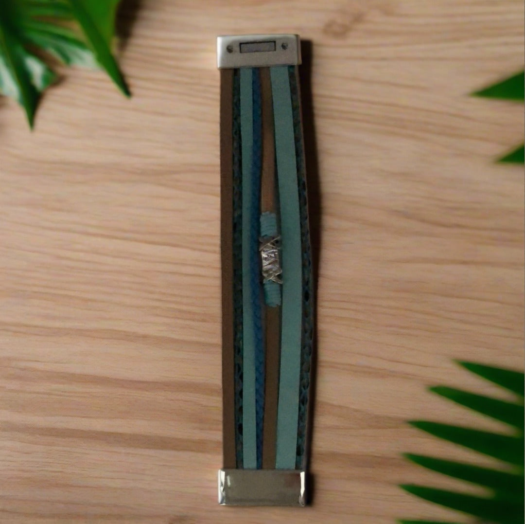 Southwestern Style Magnetic Bracelet with Diamanté, Silver, Gold, Browns, Blues and Gold Accents - Cheeky Goddess