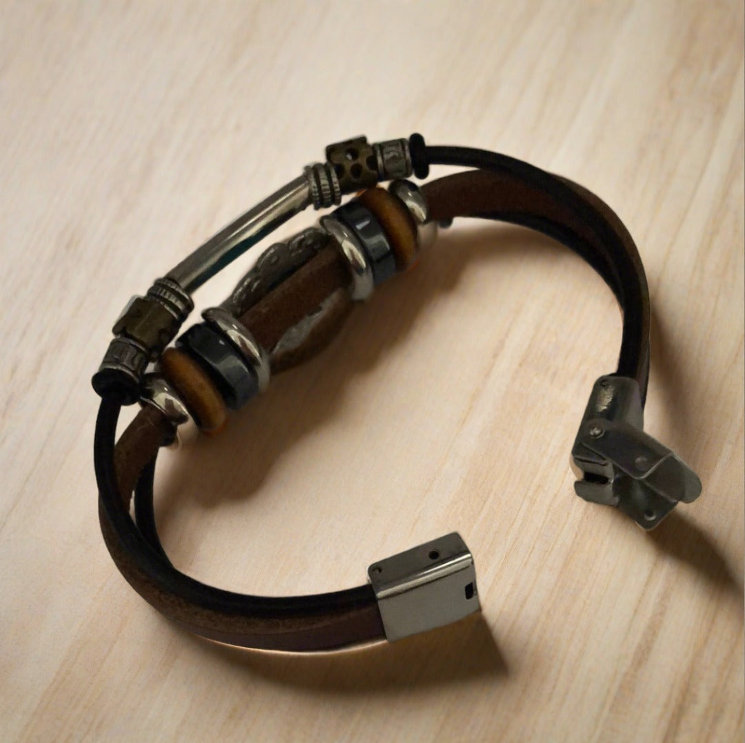 Southwestern Style Black and Brown Slot Clasp Bracelet with Blue, Brass and Silver Accents - Cheeky Goddess