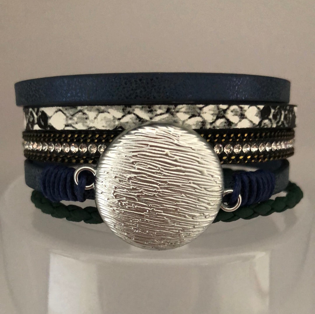 Blue Indigo Magnetic Bracelet with Silver Circle and Diamanté and Snake Skin Pattern Accents - Cheeky Goddess