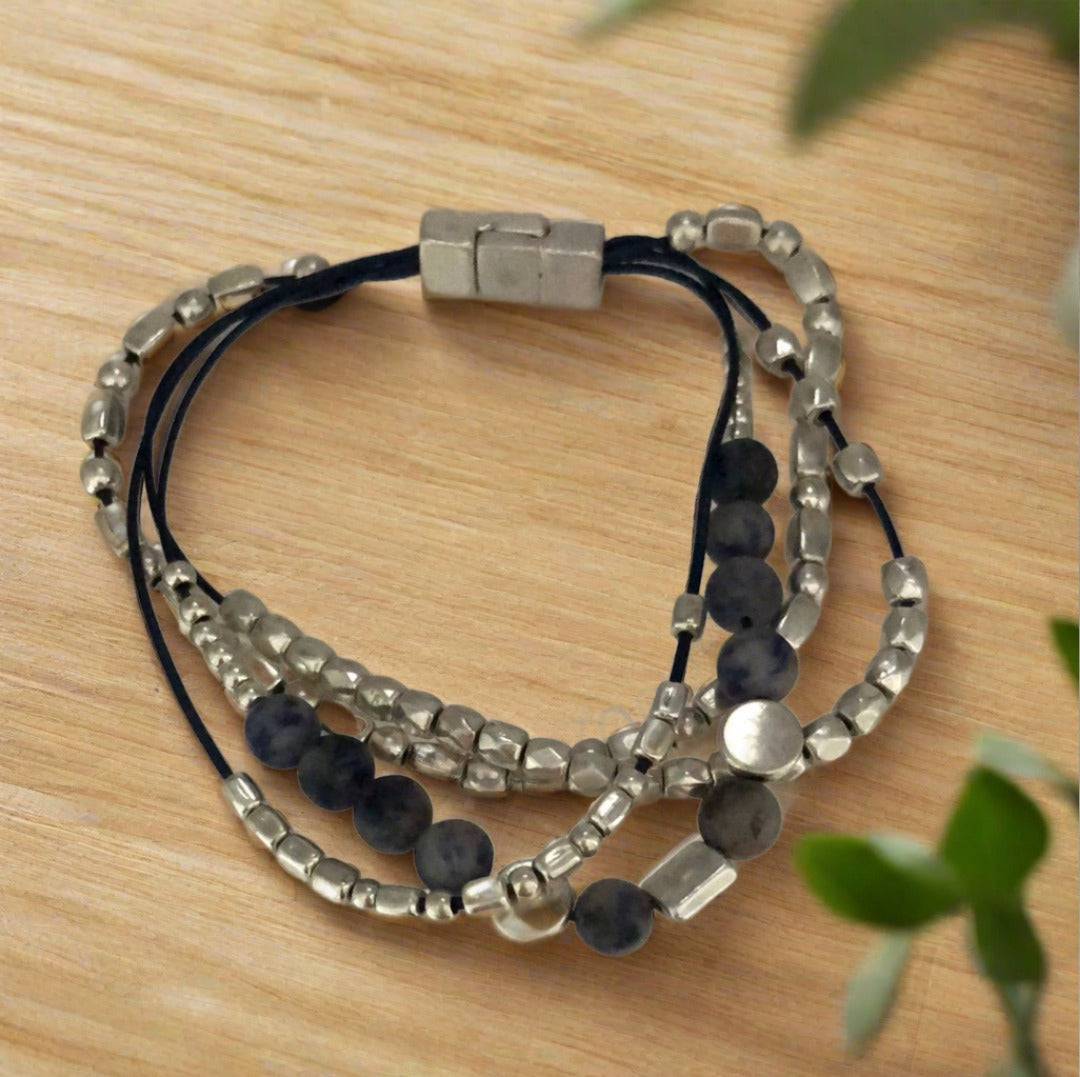 Blue and Silver Bead Magnetic Bracelet - Larger Wrist - Cheeky Goddess