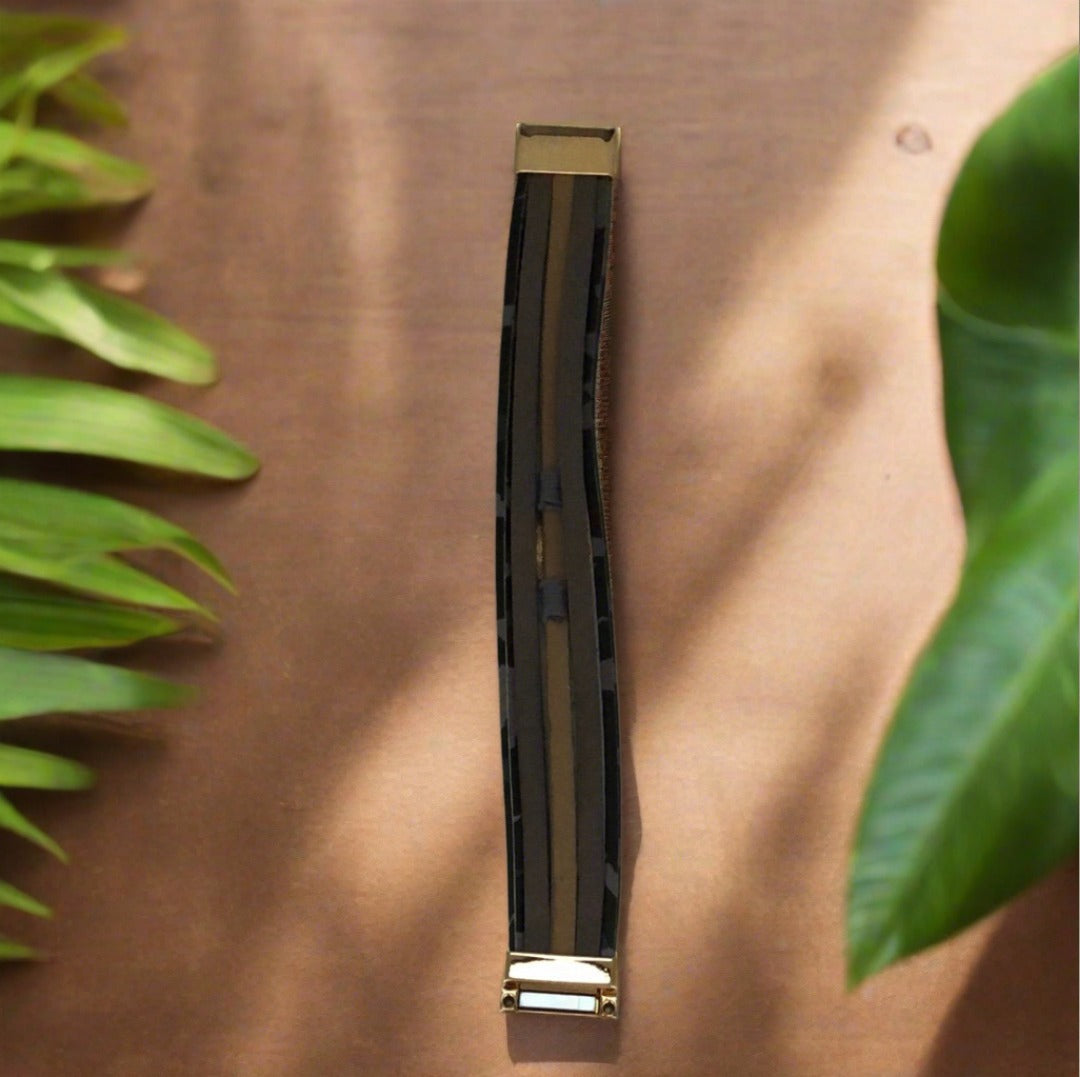 Black and Grey Toned Magnetic Bracelet with Diamanté and Leopard Print Accents - Narrow Wrist - Cheeky Goddess
