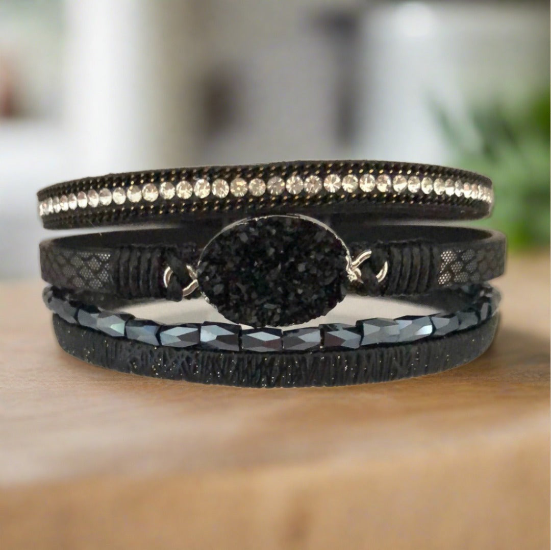 Black Magnetic Bracelet with Crystal, Diamanté and Bead Accents - Cheeky Goddess
