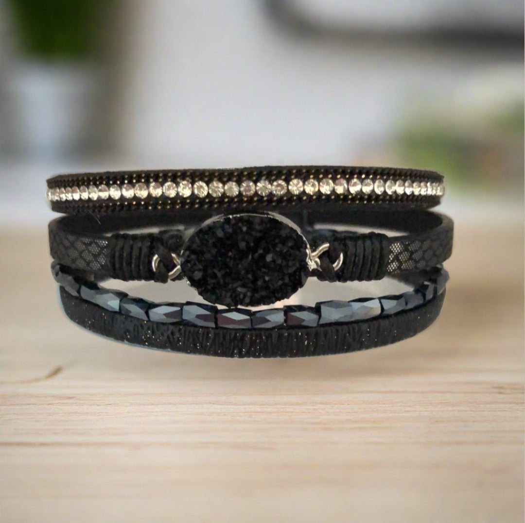 Black Magnetic Bracelet with Crystal, Diamanté and Bead Accents - Cheeky Goddess
