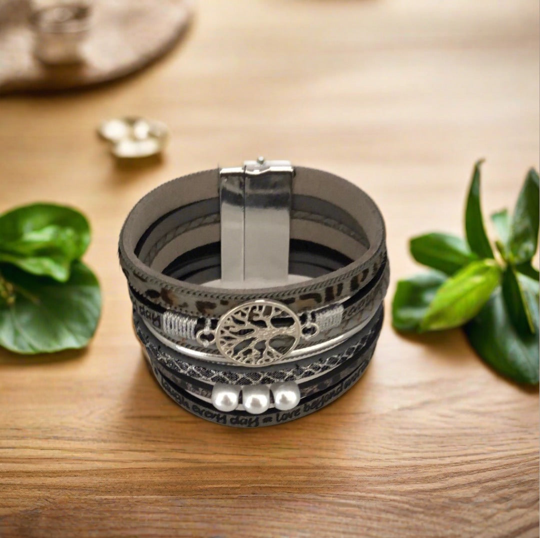 Grey Toned Magnetic Bracelet with Tree of Life, Pearl, Leopard Print, Message and Silver Accents - For Narrow Wrist - Cheeky Goddess