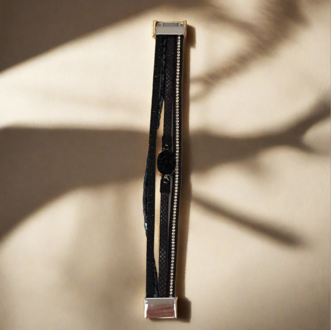 Black Magnetic Bracelet with Crystal, Diamanté and Bead Accents - Cheeky Goddess