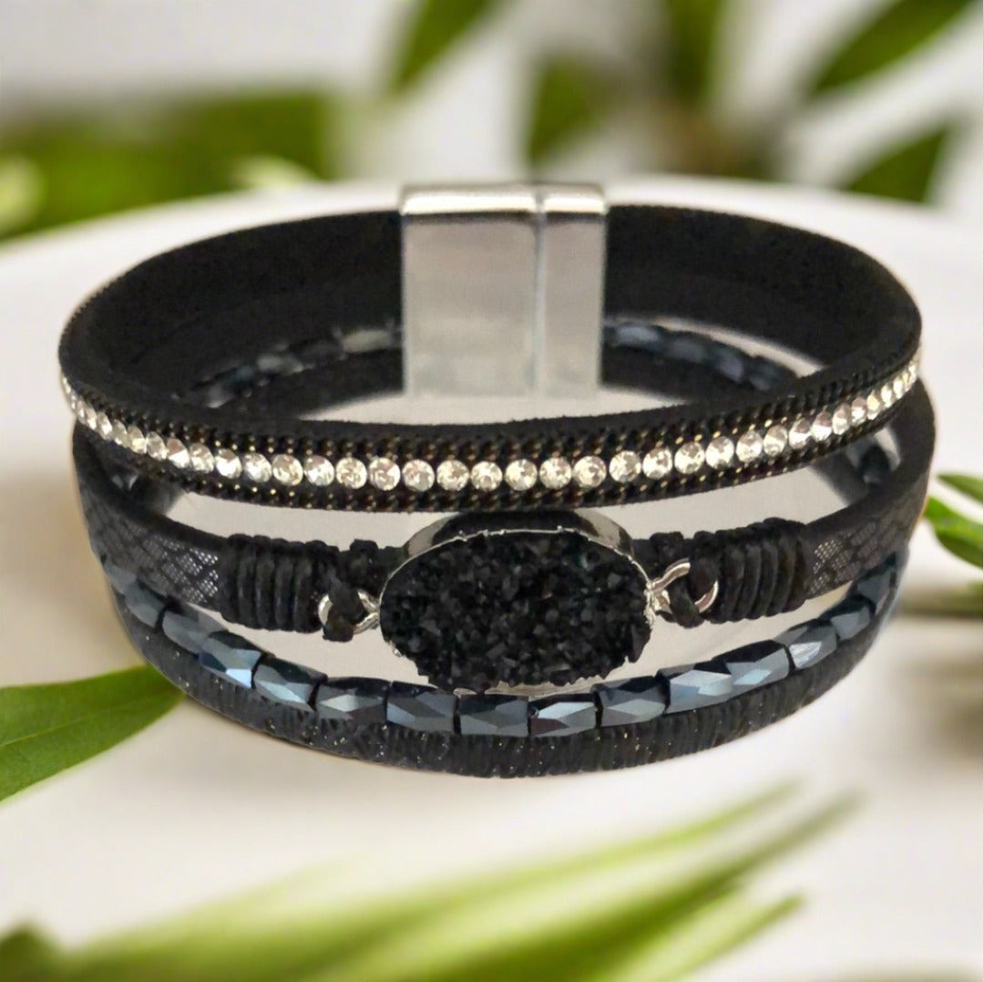 Black Magnetic Bracelet with Crystal, Diamanté and Bead Accents - Cheeky Goddess