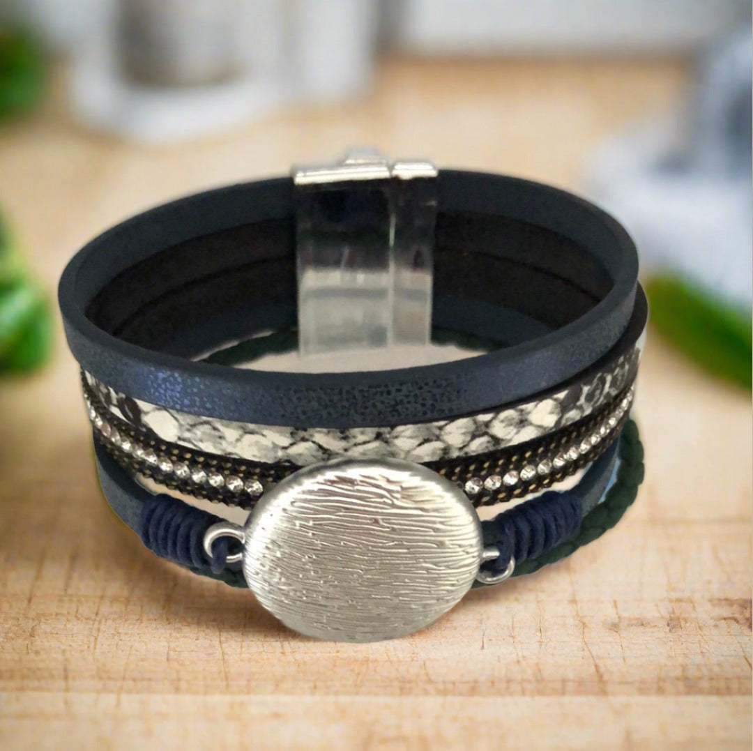 Blue Indigo Magnetic Bracelet with Silver Circle and Diamanté and Snake Skin Pattern Accents - Cheeky Goddess