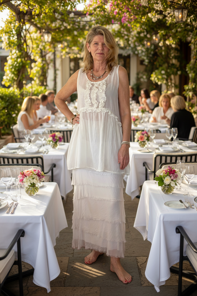 A woman stands barefoot in the center of an outdoor restaurant patio, wearing a sleeveless white tiered tunic and matching long skirt. Tables with white tablecloths, flowers, and seated guests are visible in the background under leafy trees.