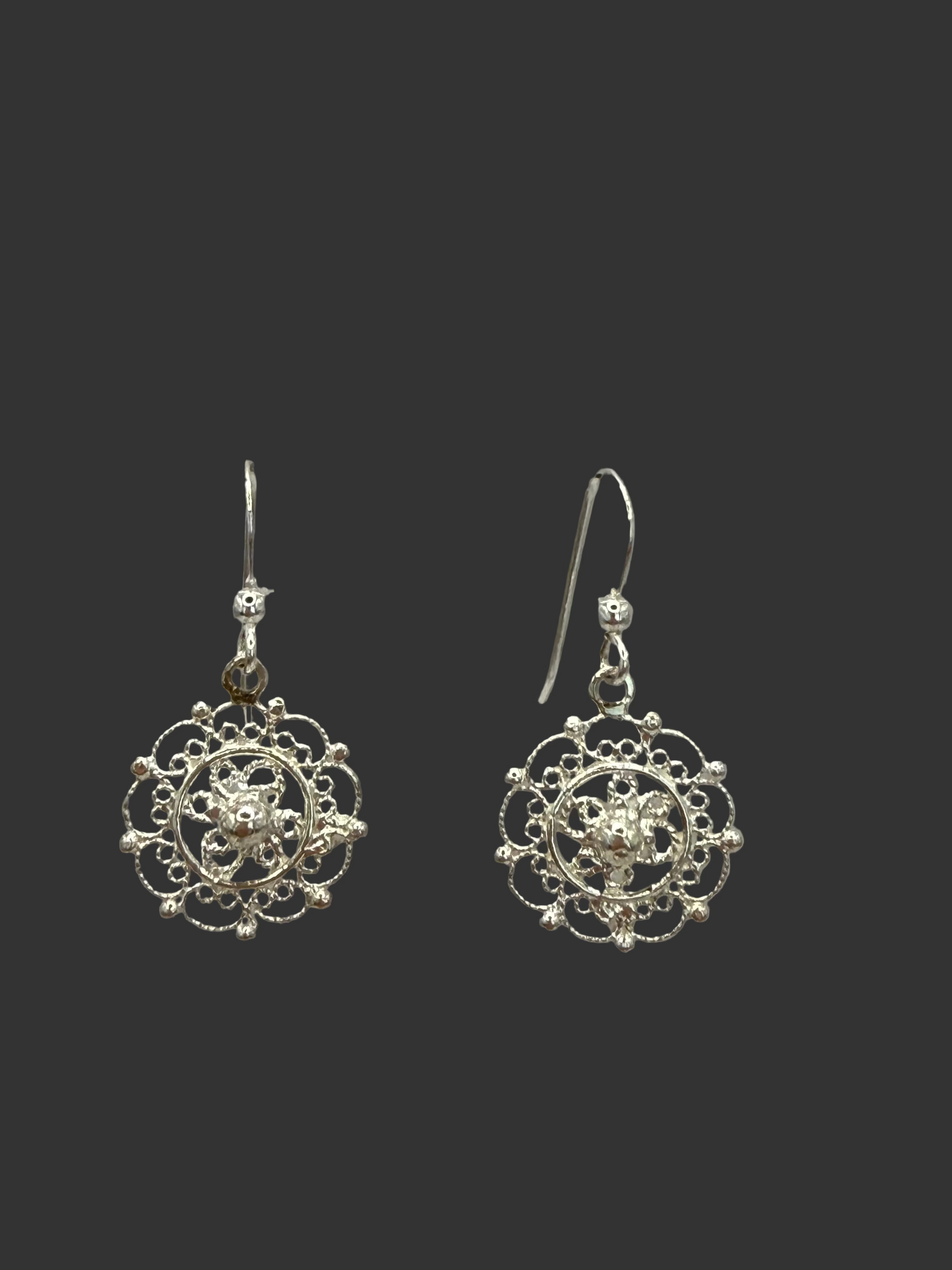Pair of sterling silver filigree circle earrings on a black background