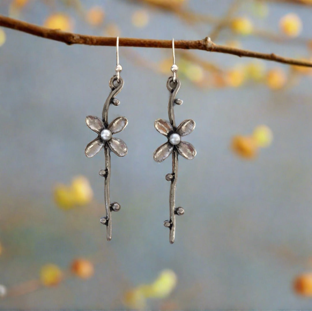 Flower and Stem Drop Earrings with Faux Pearl - Cheeky Goddess