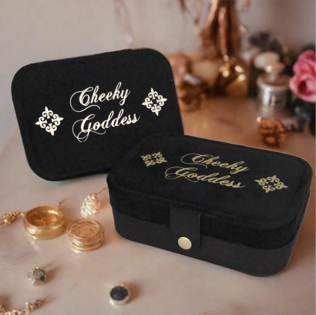 Custom Name Velvet Jewellery Box - Black - Personalized Gifts for Her - For Dresser or Travel - Cheeky Goddess