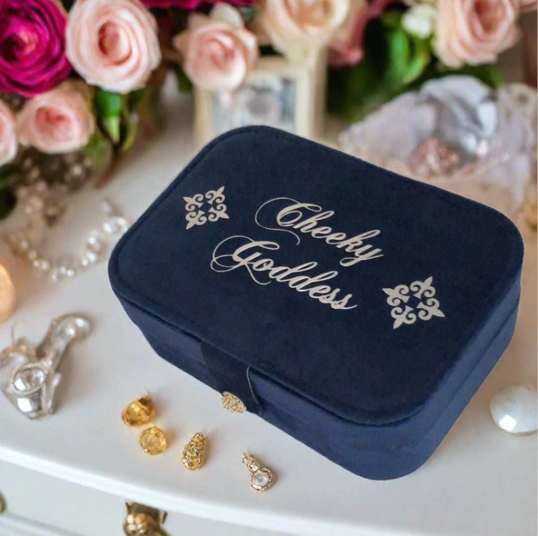 Custom Name Velvet Jewellery Box - Dark Blue - Personalized Gifts for Her - For Dresser or Travel - Cheeky Goddess