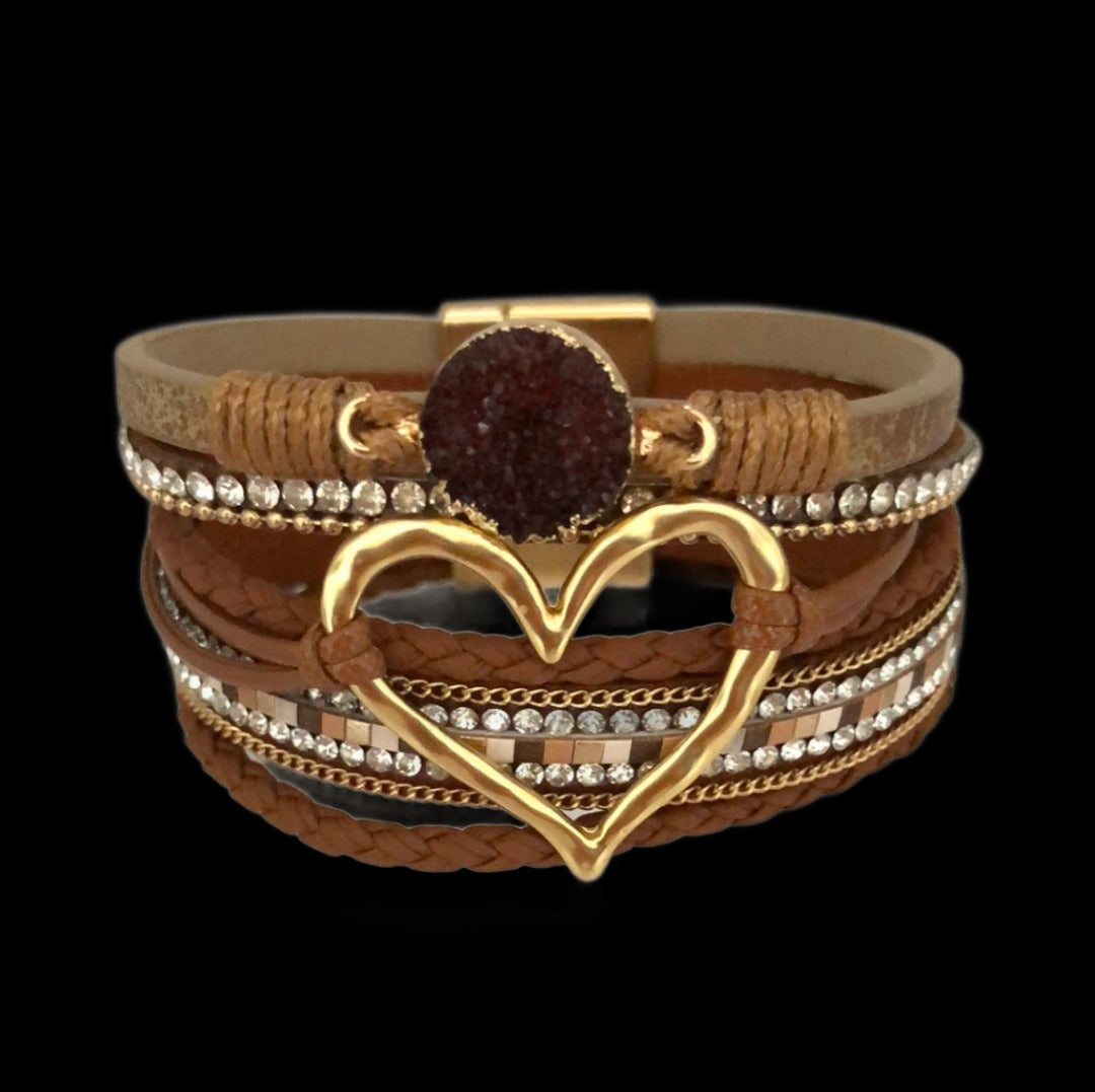 Brown Toned Magnetic Bracelet with Heart, Diamanté, Crystal and Gold Accents - Cheeky Goddess