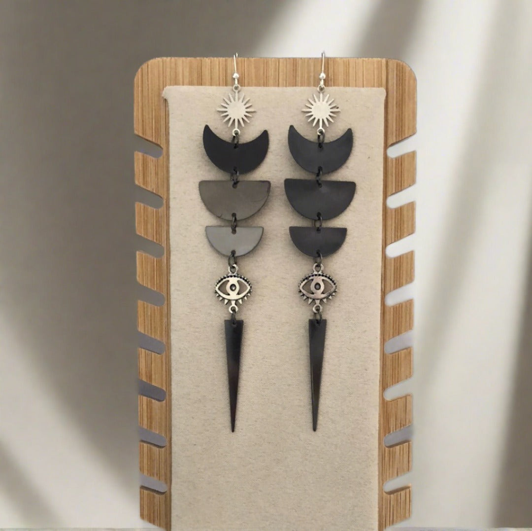 Drop Earrings with Sun, moon and Eye - Black and Silver - Cheeky Goddess