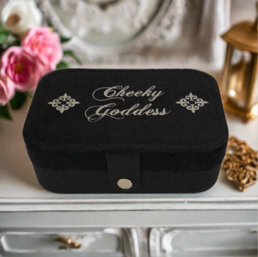 Custom Name Velvet Jewellery Box - Black - Personalized Gifts for Her - For Dresser or Travel - Cheeky Goddess