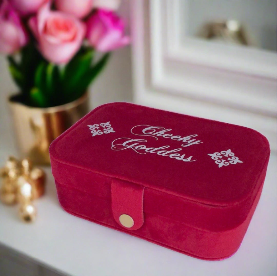 Custom Name Velvet Jewellery Box - Red - Personalized Gifts for Her - For Dresser or Travel - Cheeky Goddess