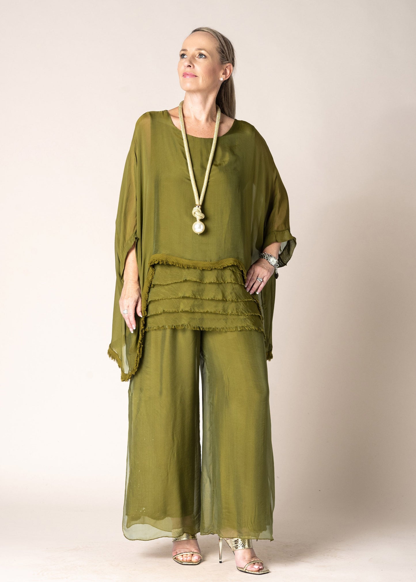 Karolina Silk Pants in Green Olive