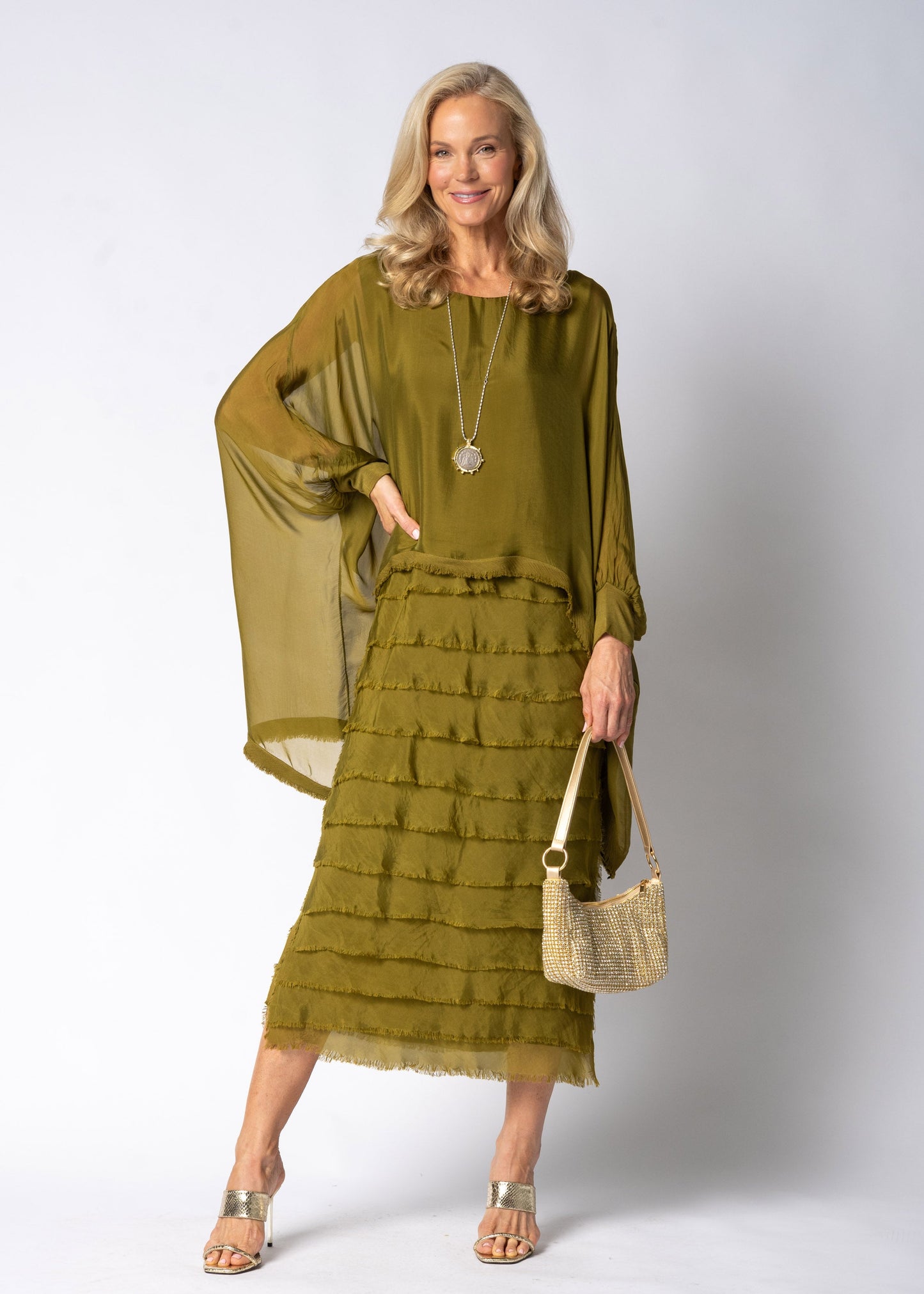 Candie Silk Dress in Green Olive