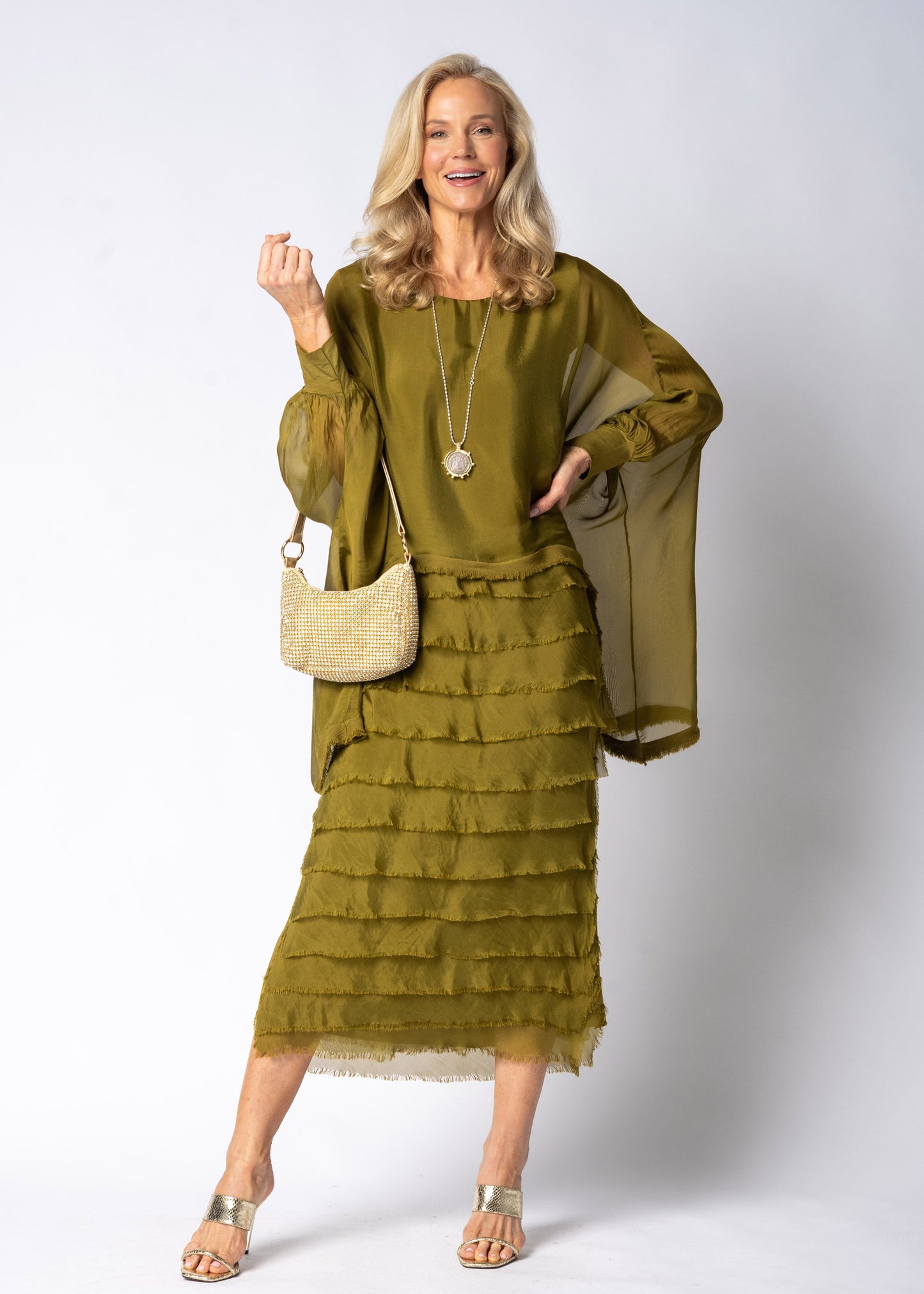 Candie Silk Dress in Green Olive