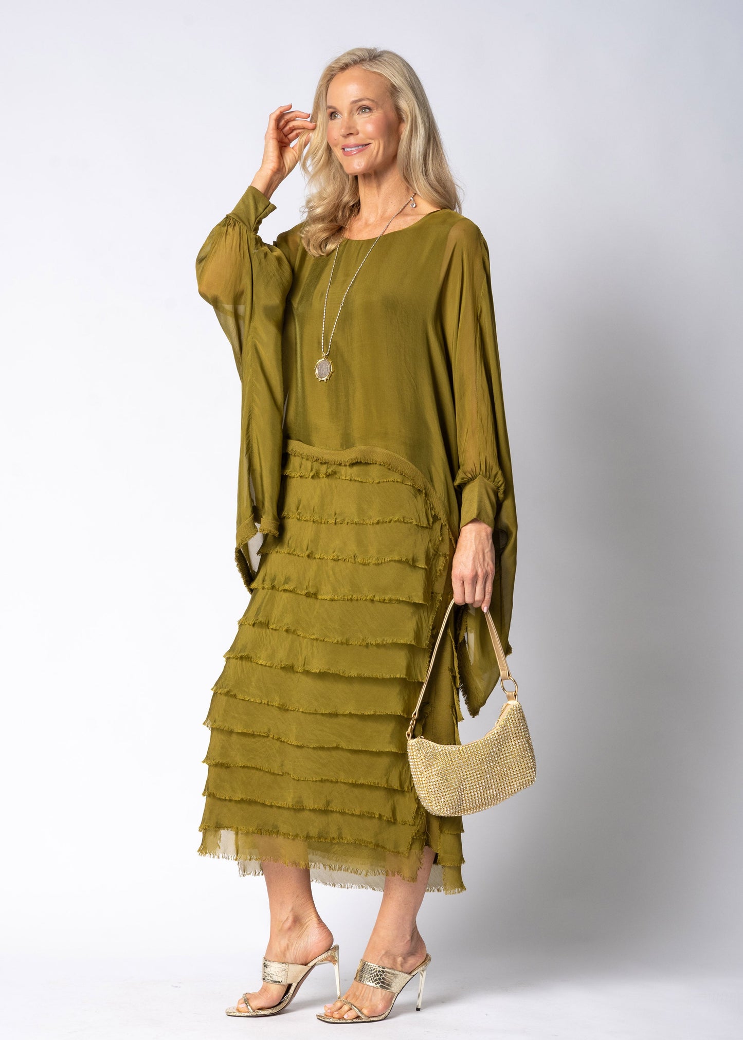 Candie Silk Dress in Green Olive