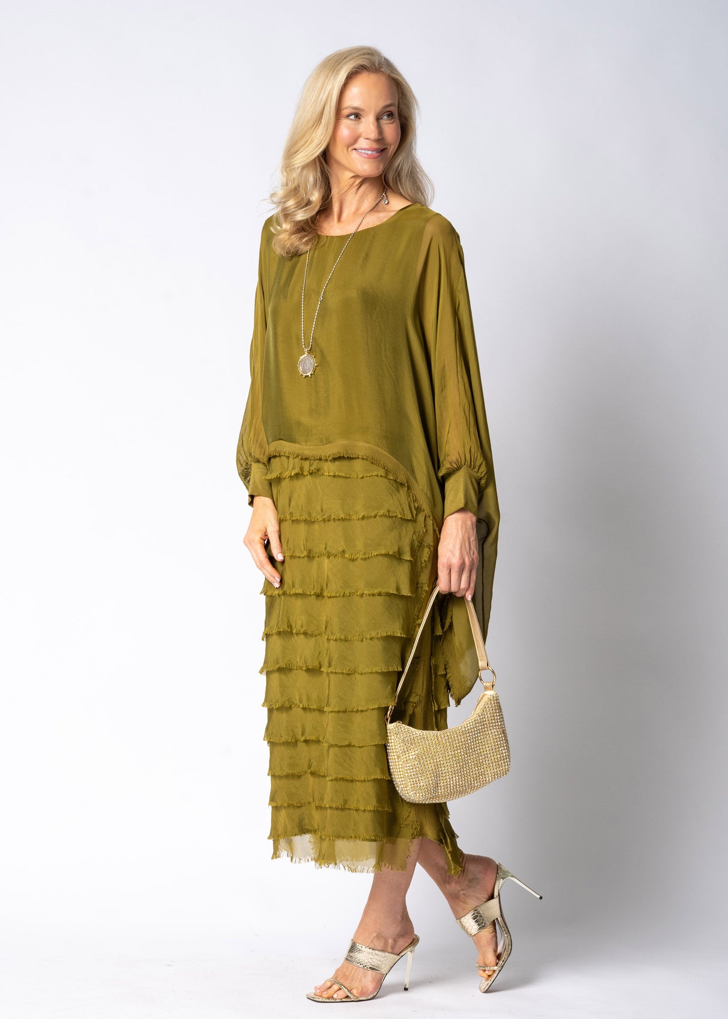 Candie Silk Dress in Green Olive