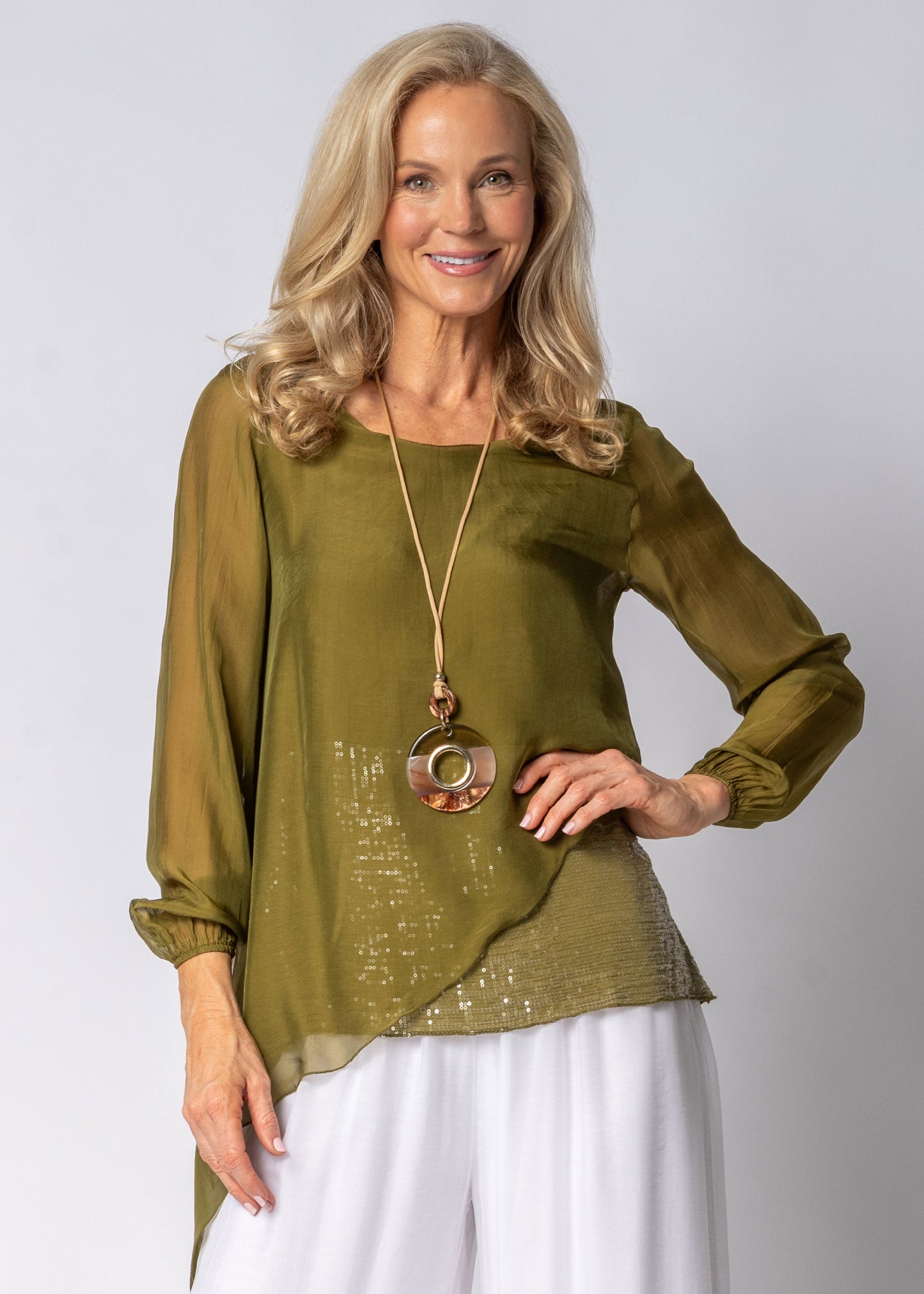 Heathie Silk Top in Green Olive