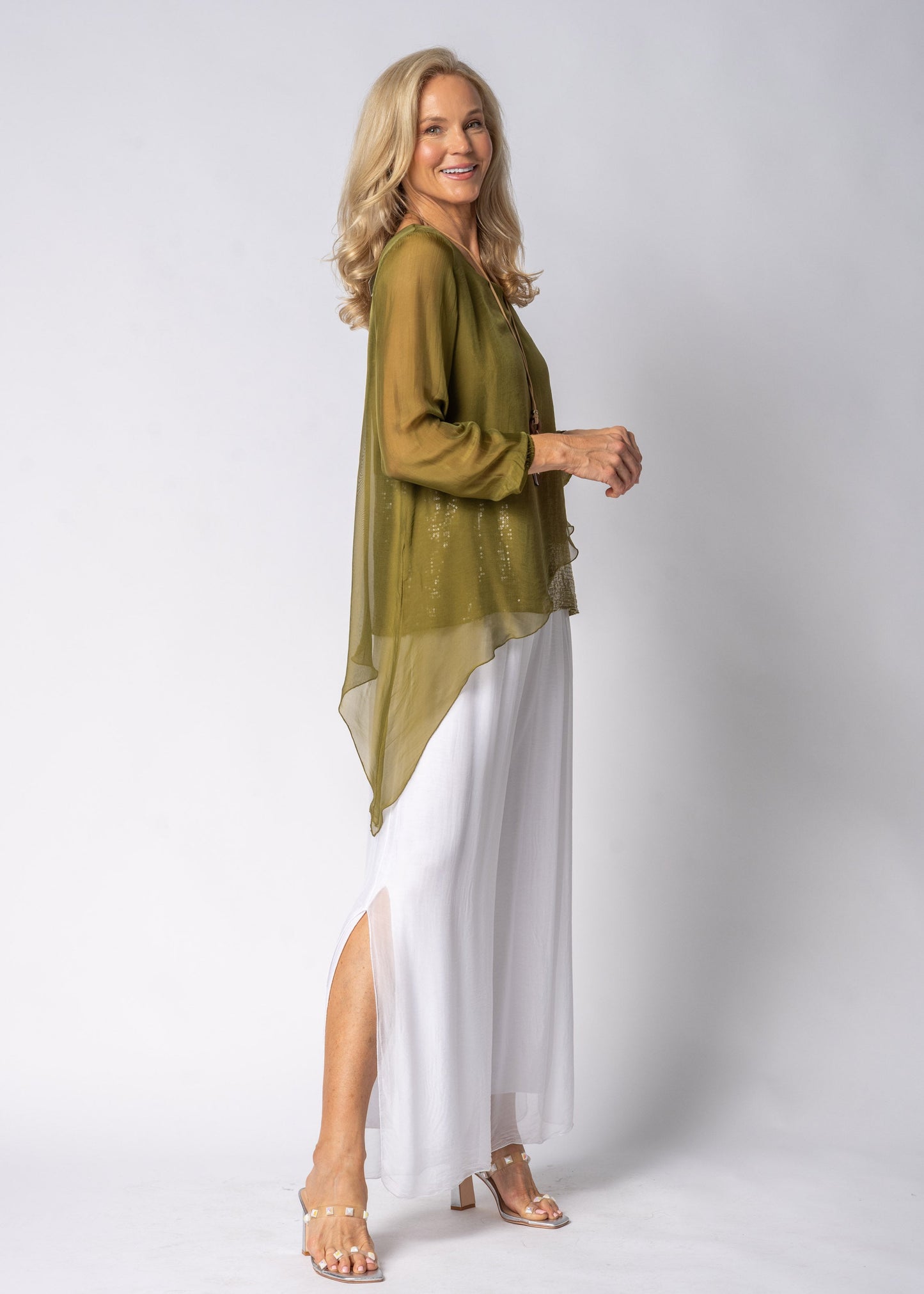 Heathie Silk Top in Green Olive
