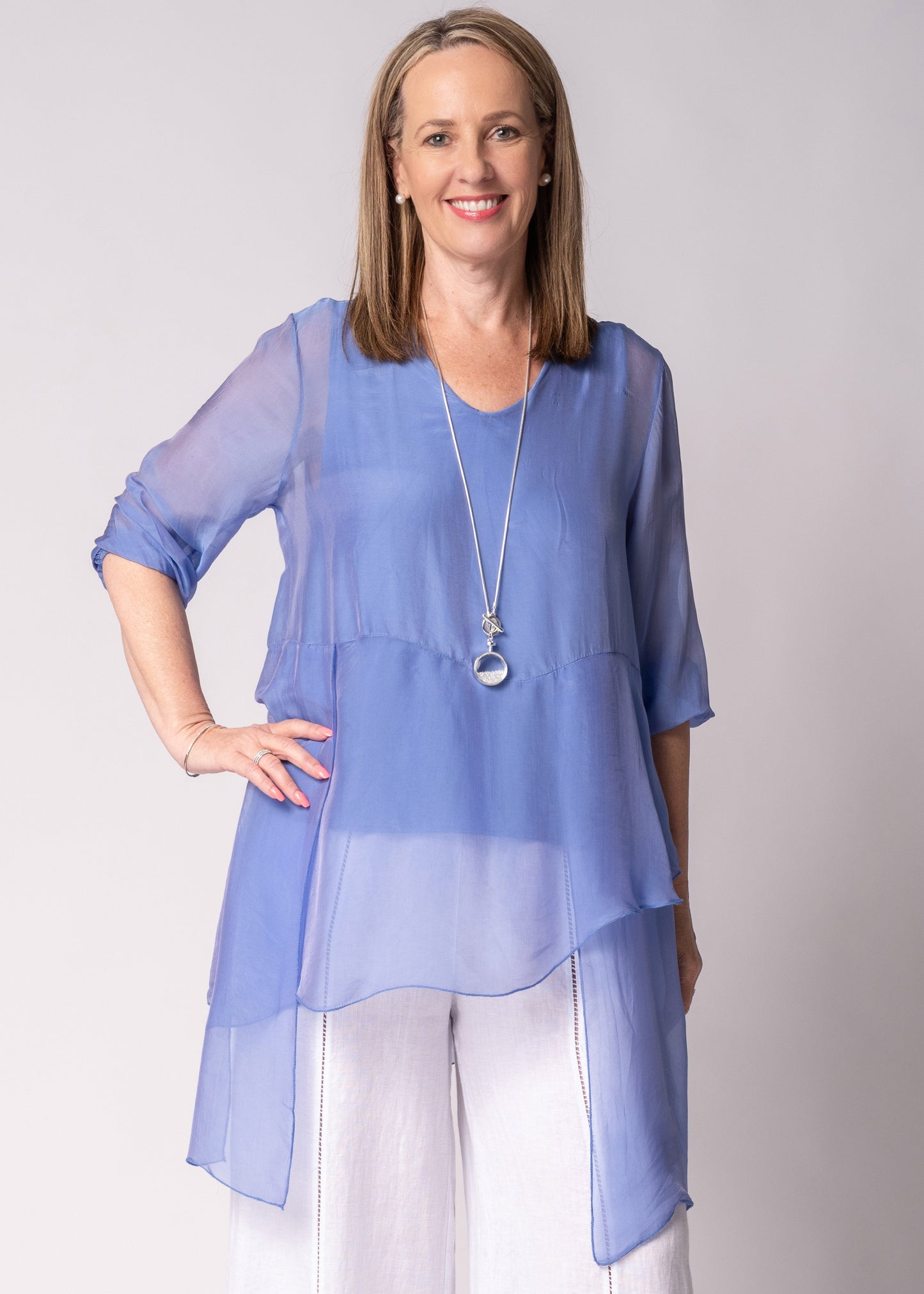 Floren Silk Top in Positano Blue