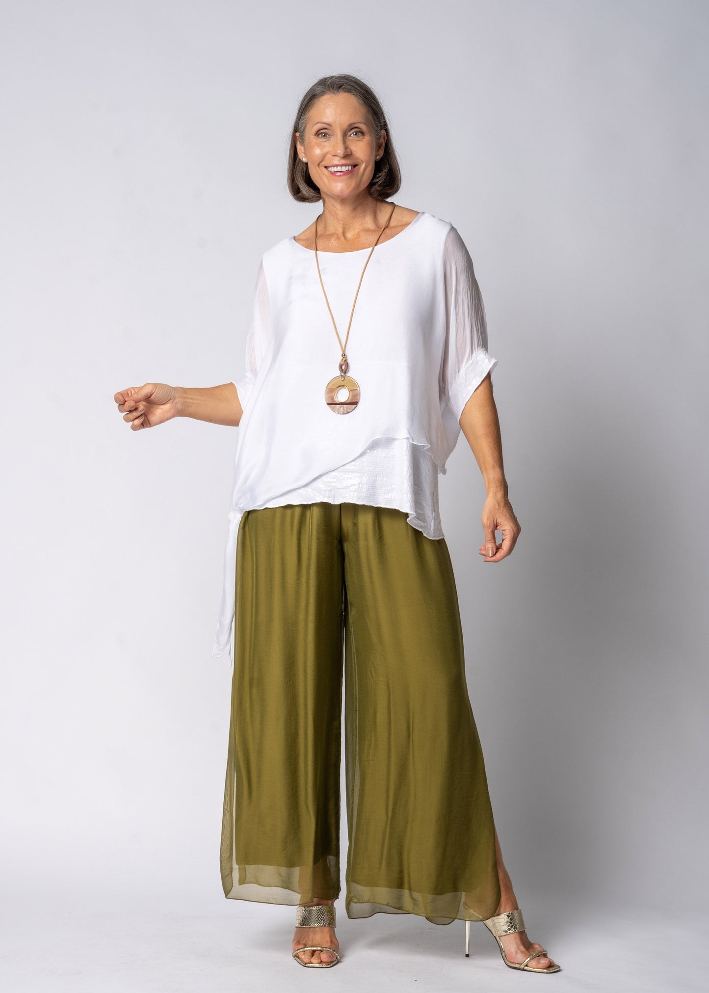 Gia Silk Pants in Green Olive