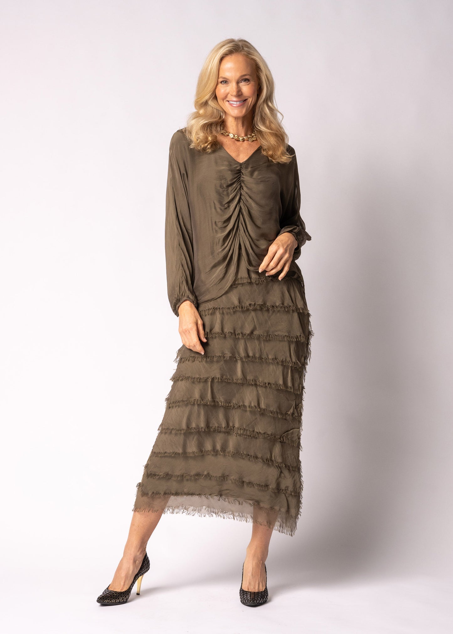 Odette Silk Dress in Moss Green