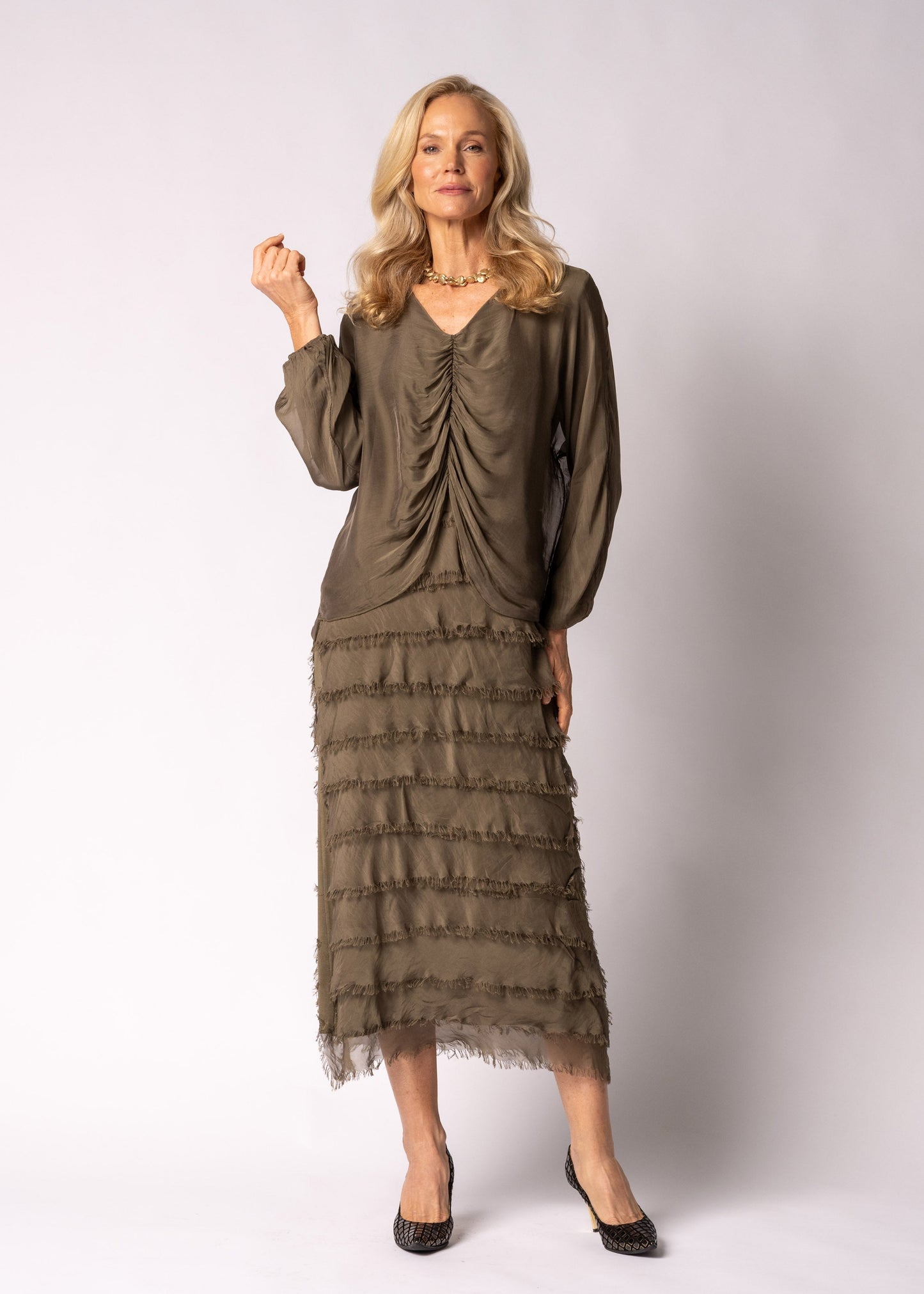 Odette Silk Dress in Moss Green