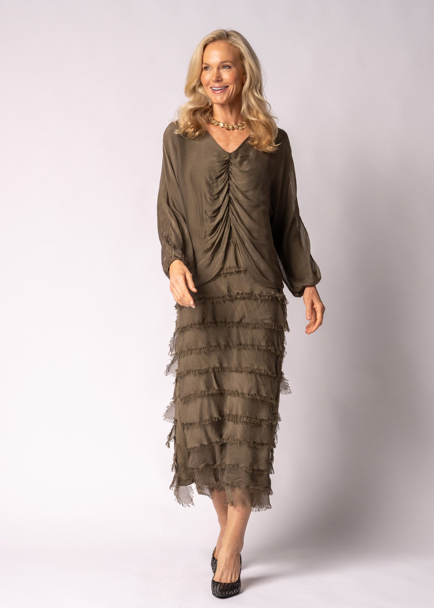 Odette Silk Dress in Moss Green