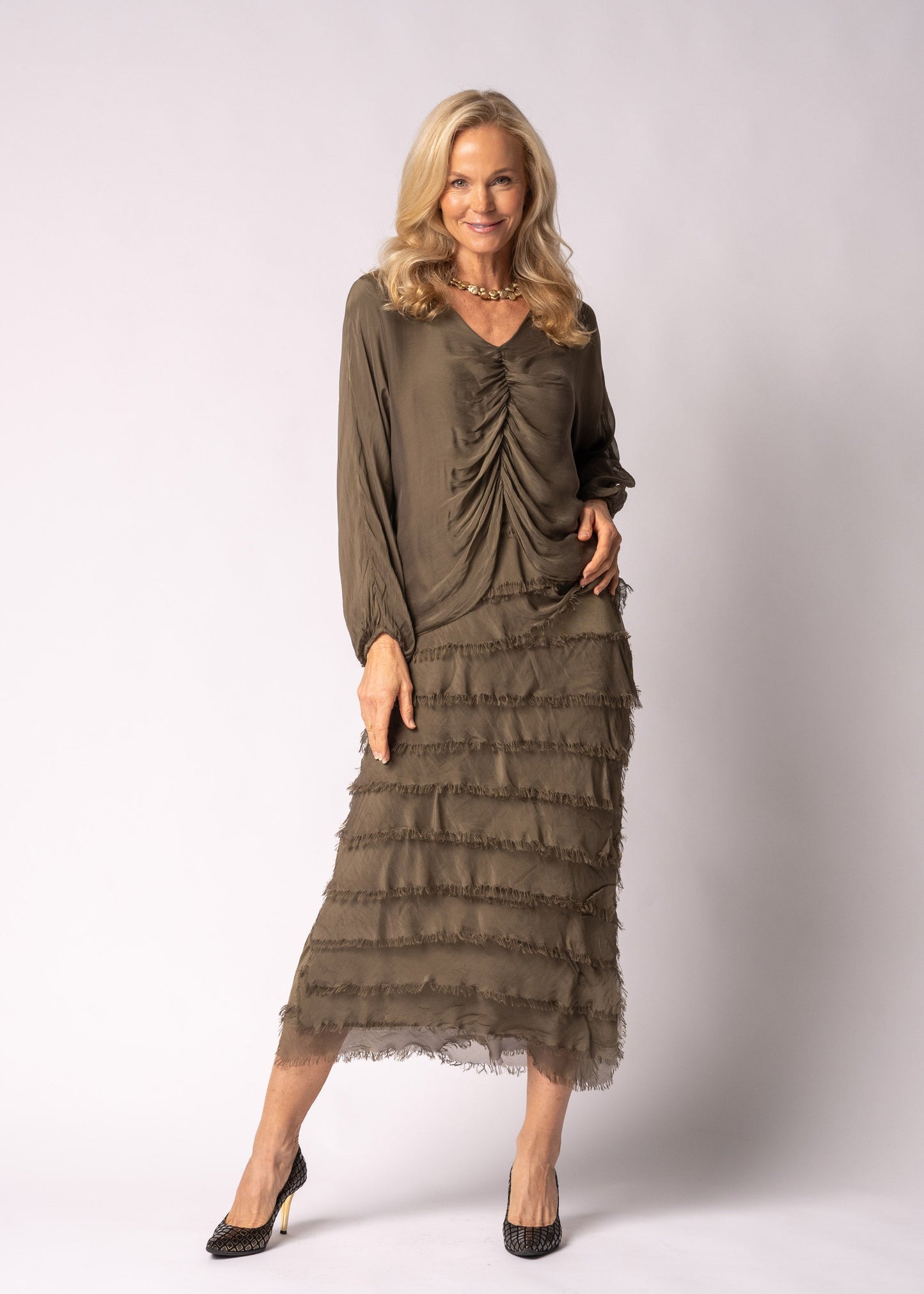 Odette Silk Dress in Moss Green