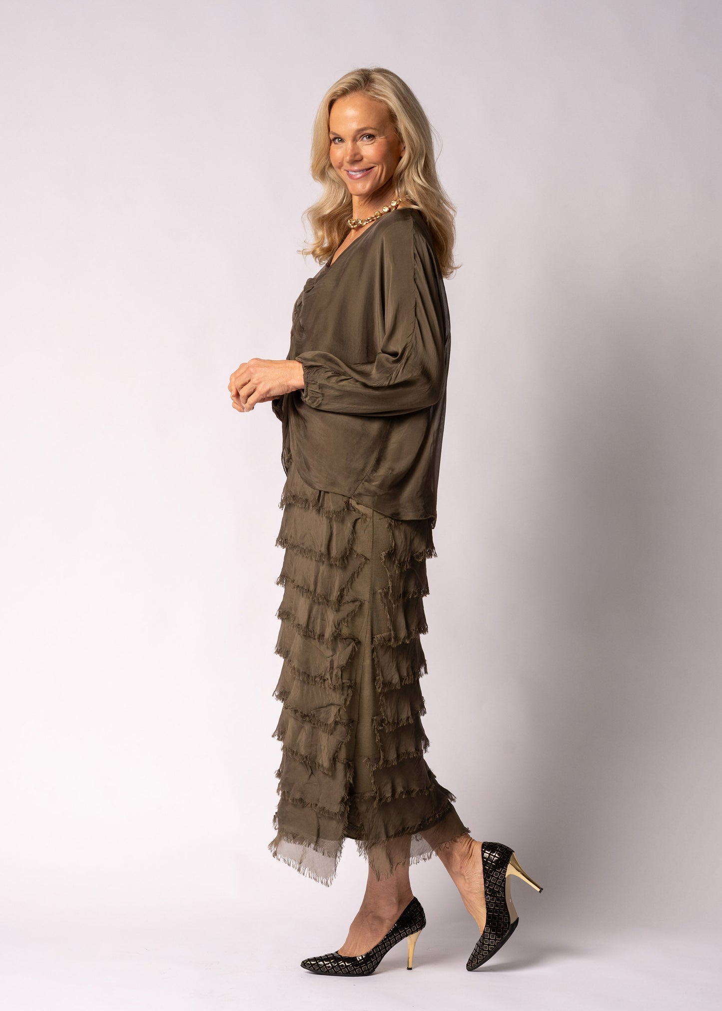 Odette Silk Dress in Moss Green