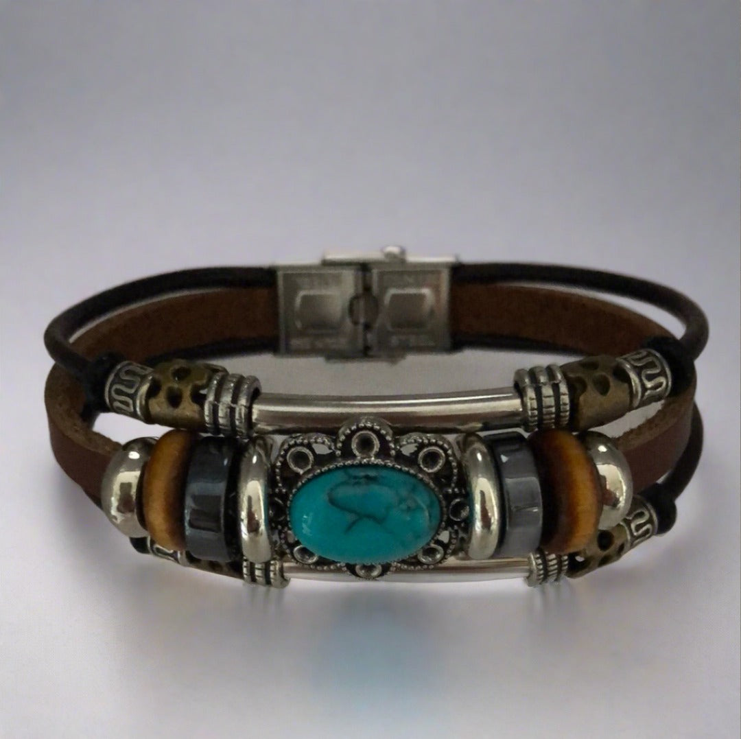 Southwestern Style Black and Brown Slot Clasp Bracelet with Blue, Brass and Silver Accents - Cheeky Goddess