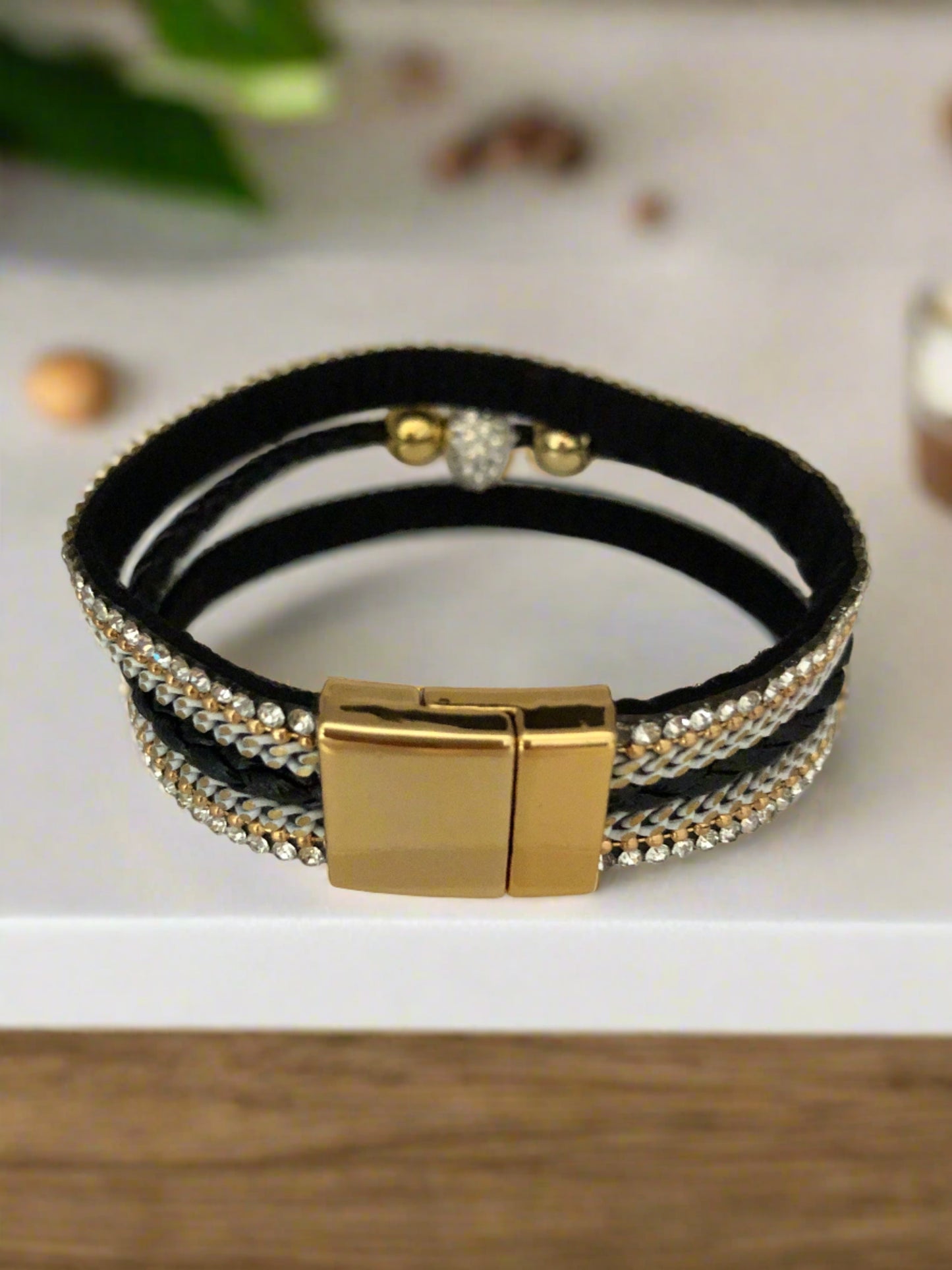 Black and Diamante Magnetic Bracelet with Gold Accents - Cheeky Goddess