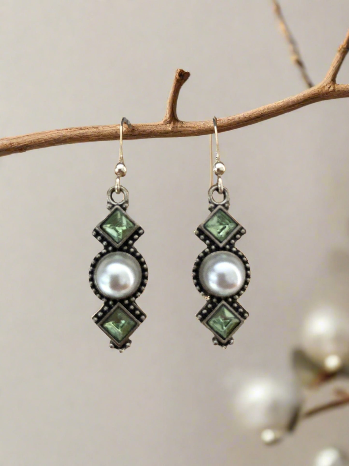 Pearl and Green Glass Drop Earrings - Cheeky Goddess