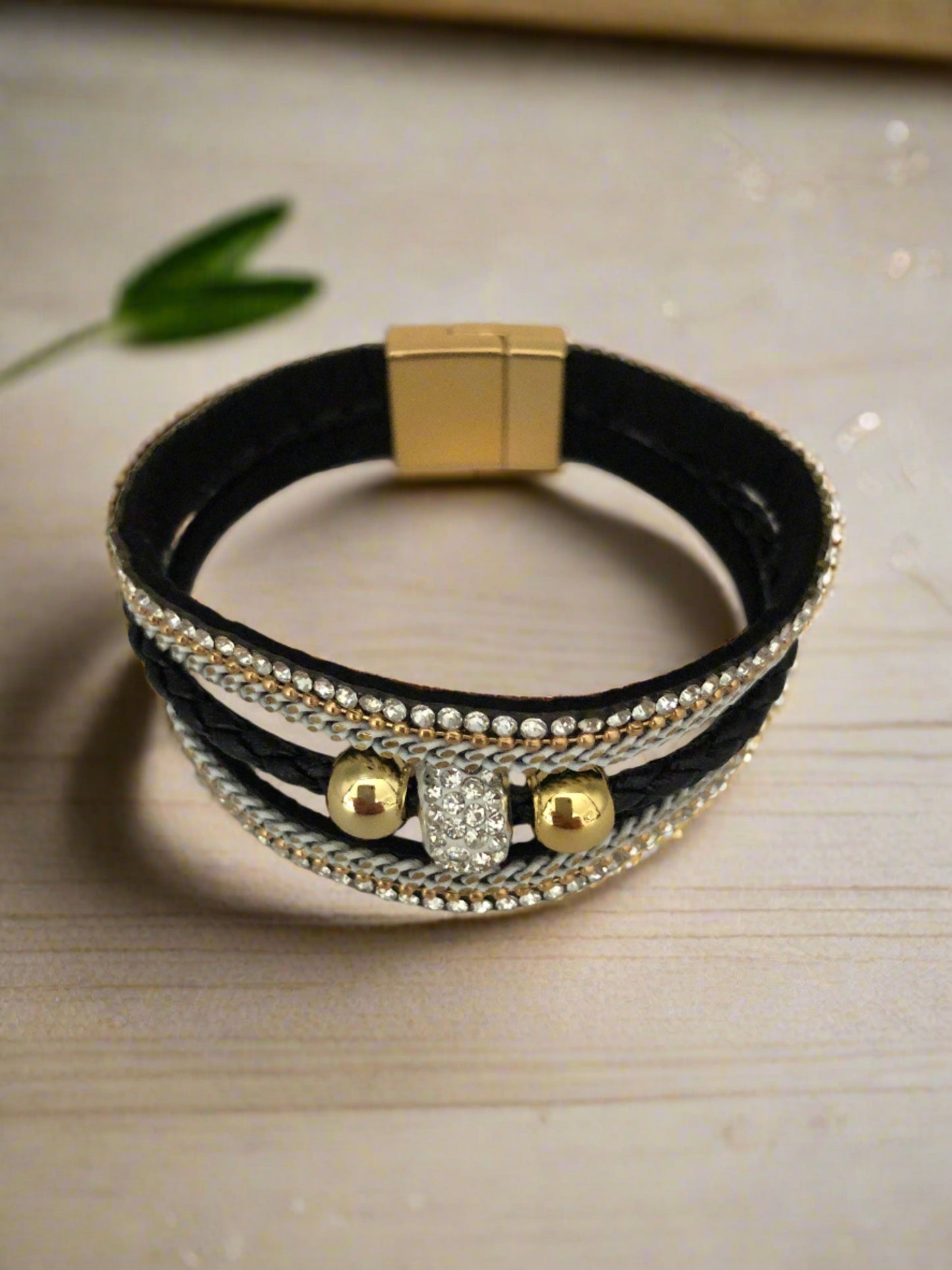 Black and Diamante Magnetic Bracelet with Gold Accents - Cheeky Goddess