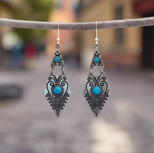 Tribal Drop Earrings with Turquoise Blue Accents - Cheeky Goddess