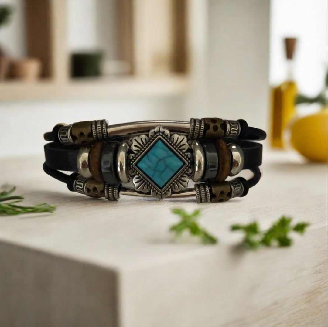 Southwestern Style Black Slot Clasp Bracelet with Blue, Brass and Silver Accents - Cheeky Goddess