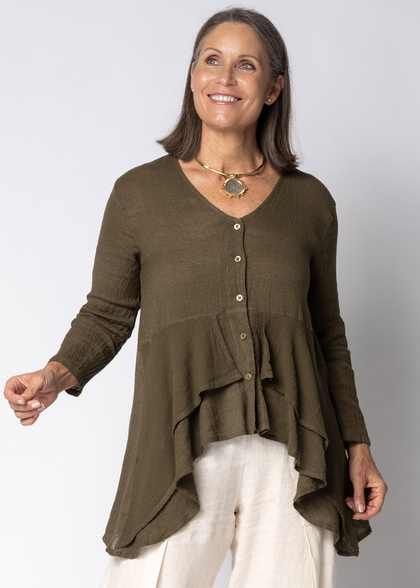Marenna Linen Top in Moss Green
