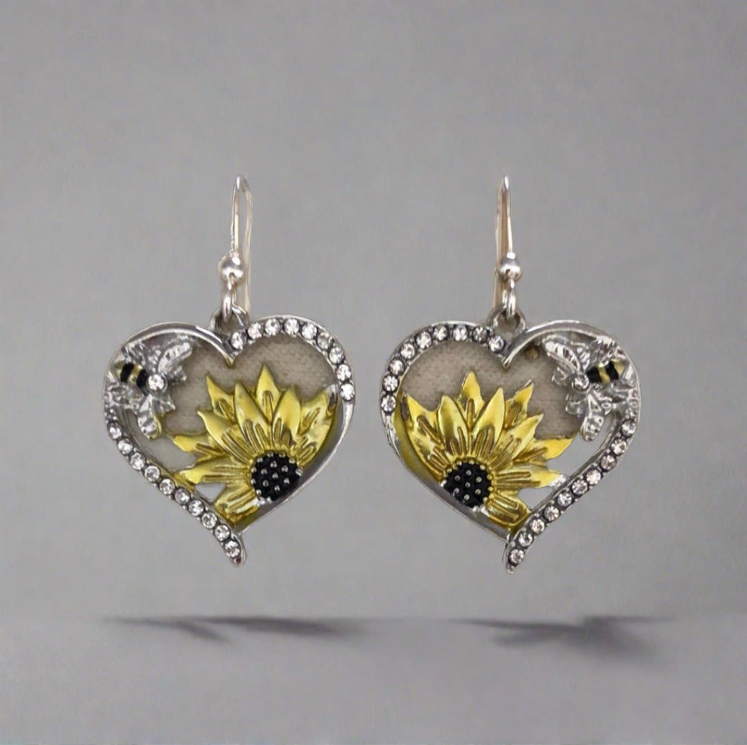 Heart Shaped Earrings with Sunflowers, Bees and Diamante Accents - Cheeky Goddess