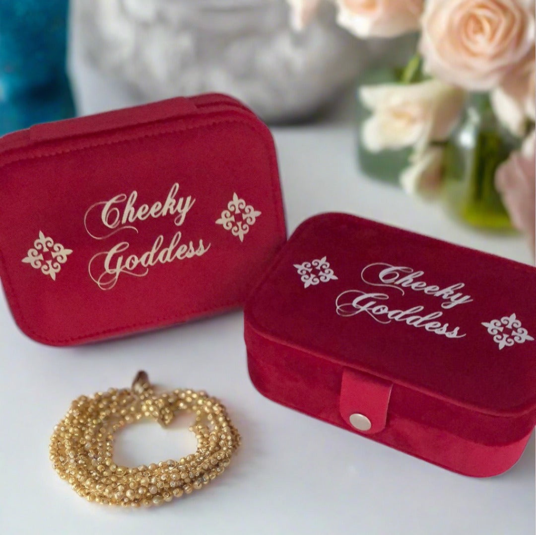 Custom Name Velvet Jewellery Box - Red - Personalized Gifts for Her - For Dresser or Travel - Cheeky Goddess