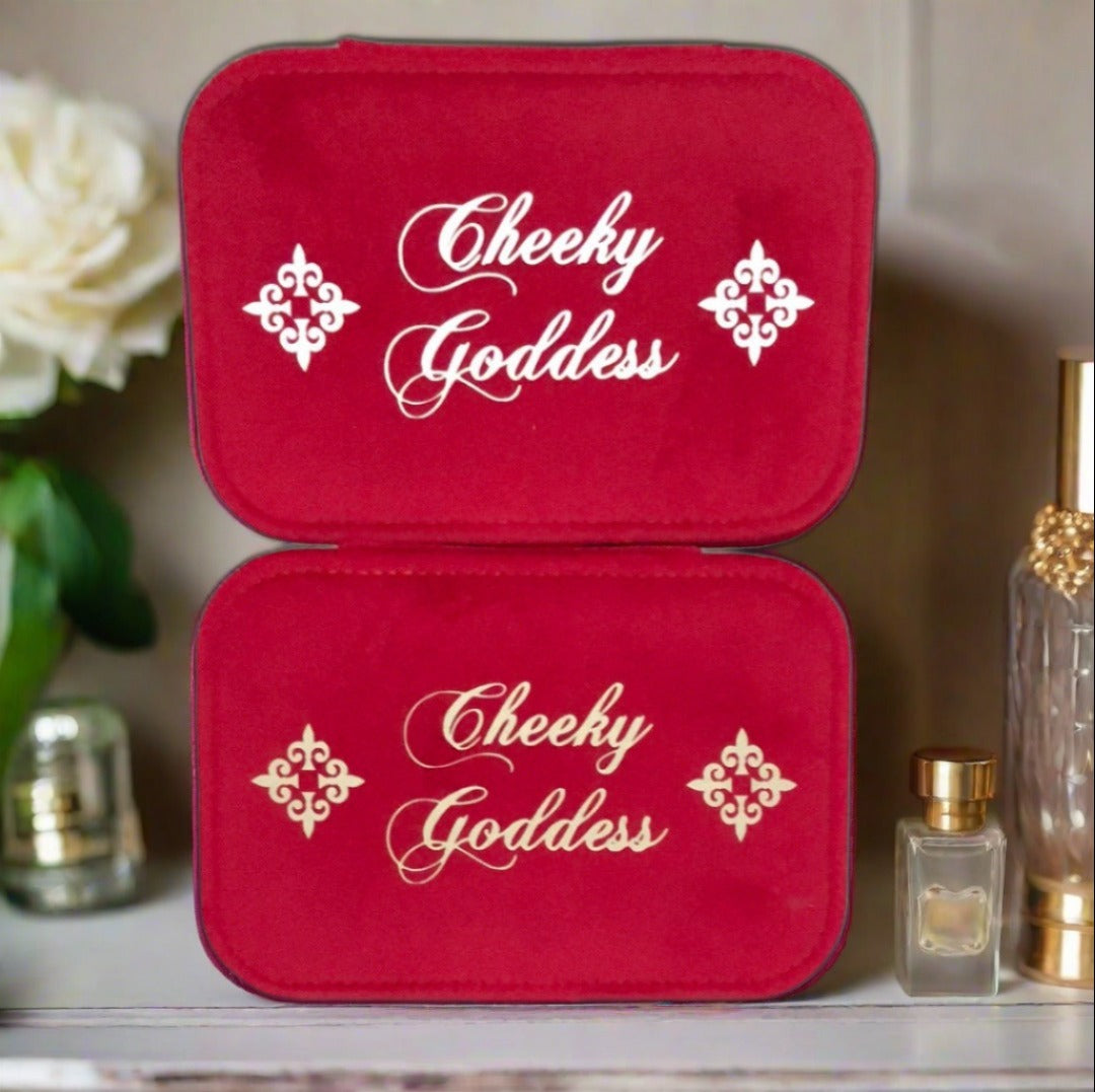 Custom Name Velvet Jewellery Box - Red - Personalized Gifts for Her - For Dresser or Travel - Cheeky Goddess