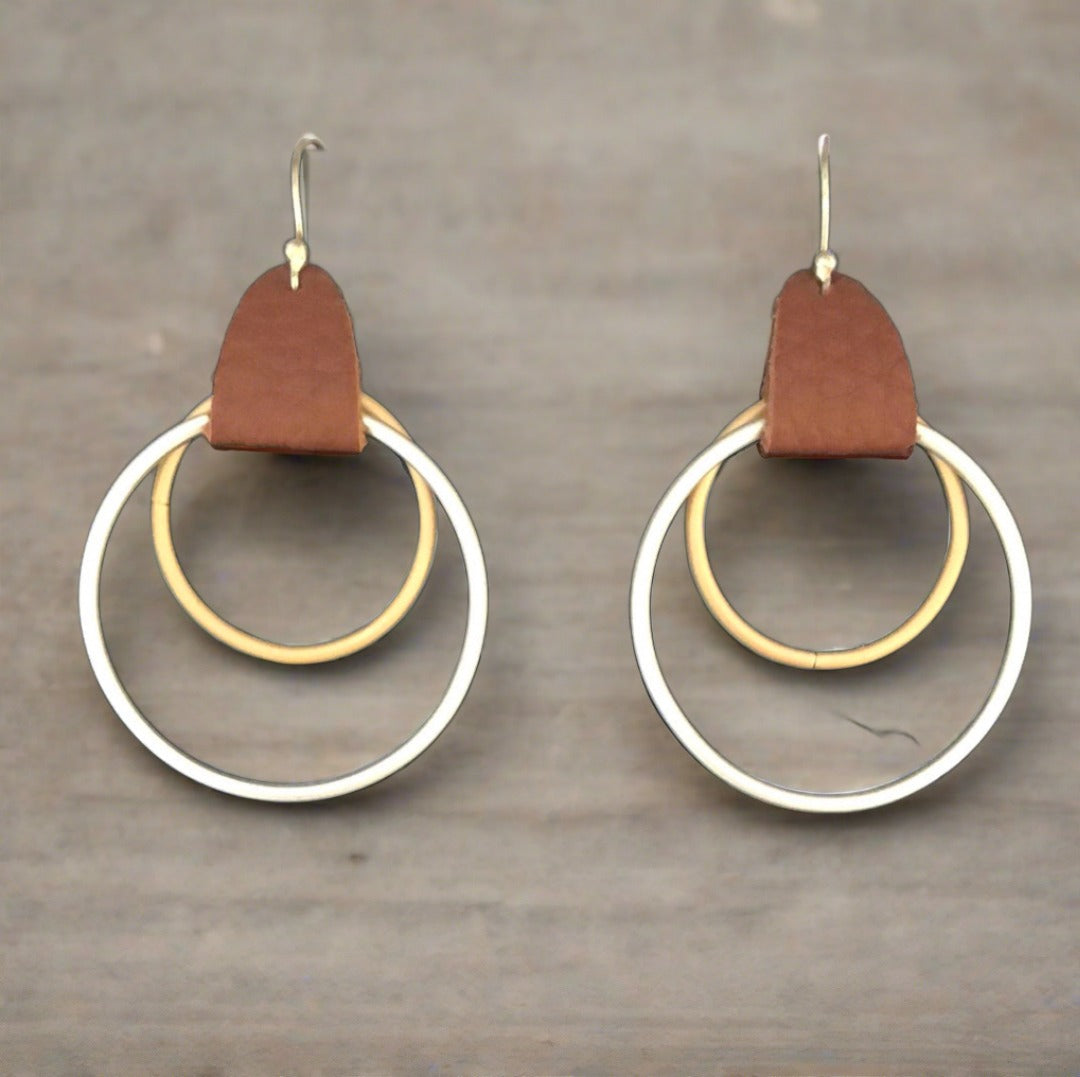 Circle Earrings with Leather Tab and Gold Accent - Cheeky Goddess