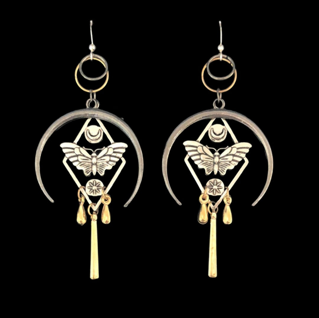 Egyption Style Drop Earrings with Butterfly, Flower, Half Moon and Drops with Gold and Grey Accents - Cheeky Goddess