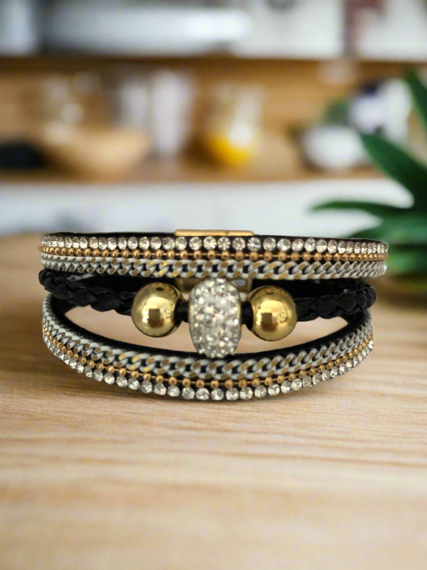 Black and Diamante Magnetic Bracelet with Gold Accents - Cheeky Goddess