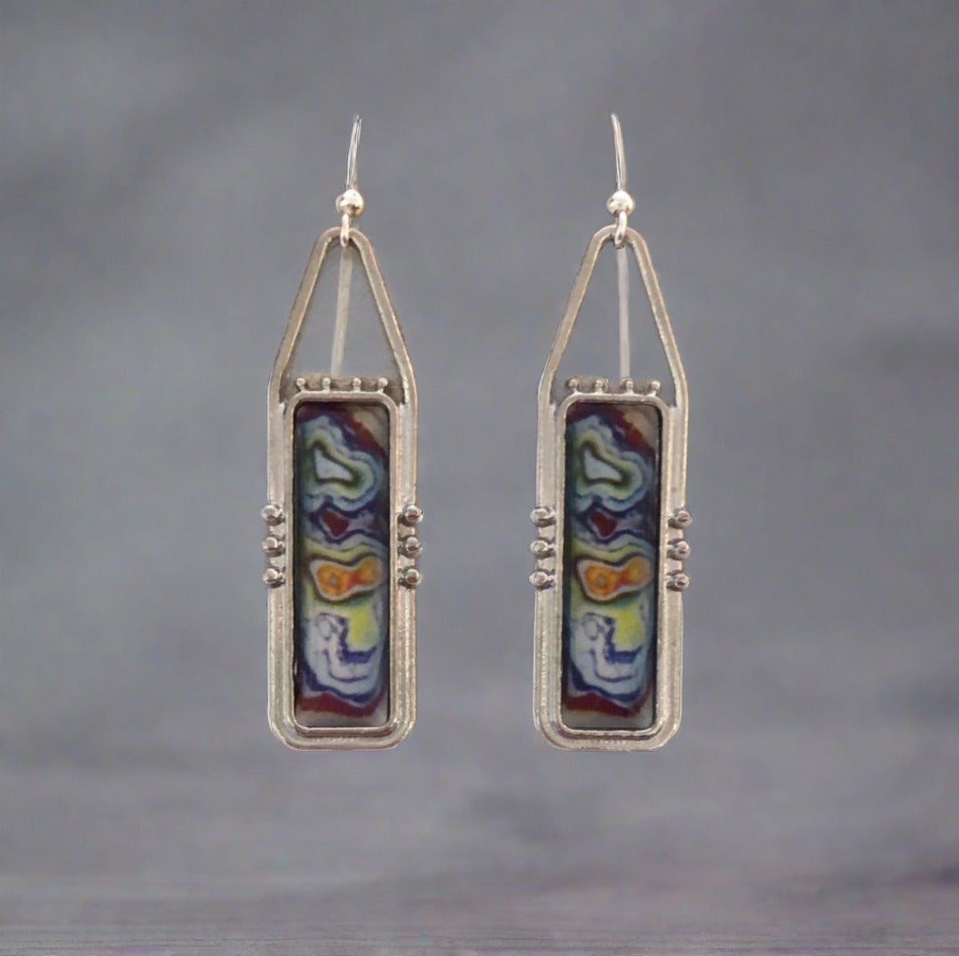 Enamel Rectangular Earrings with Swirls of Blue, Green, Yellow, Orange, Red - Cheeky Goddess