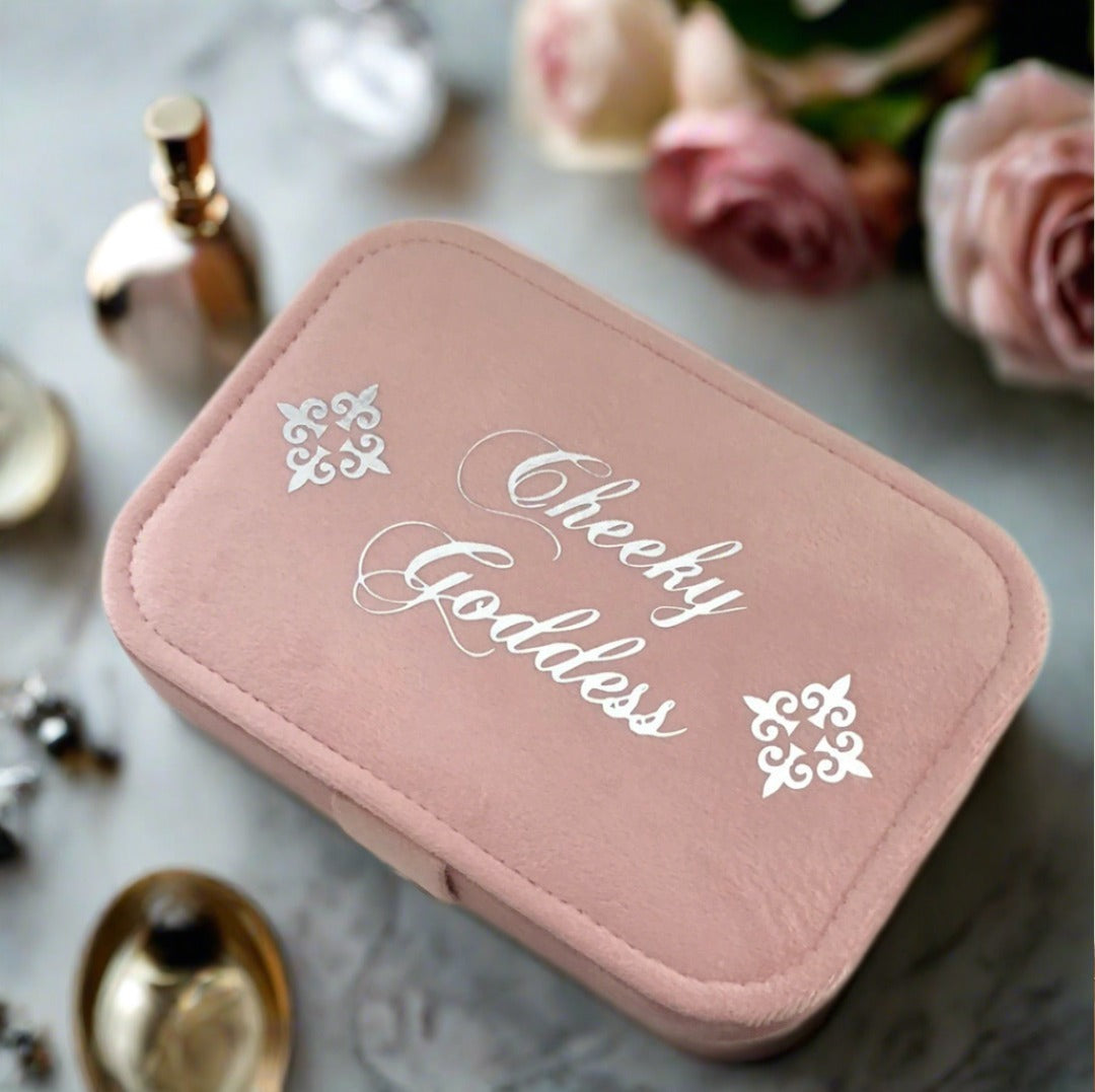 Custom Name Velvet Jewellery Box - Pink - Personalized Gifts for Her - For Dresser or Travel - Cheeky Goddess